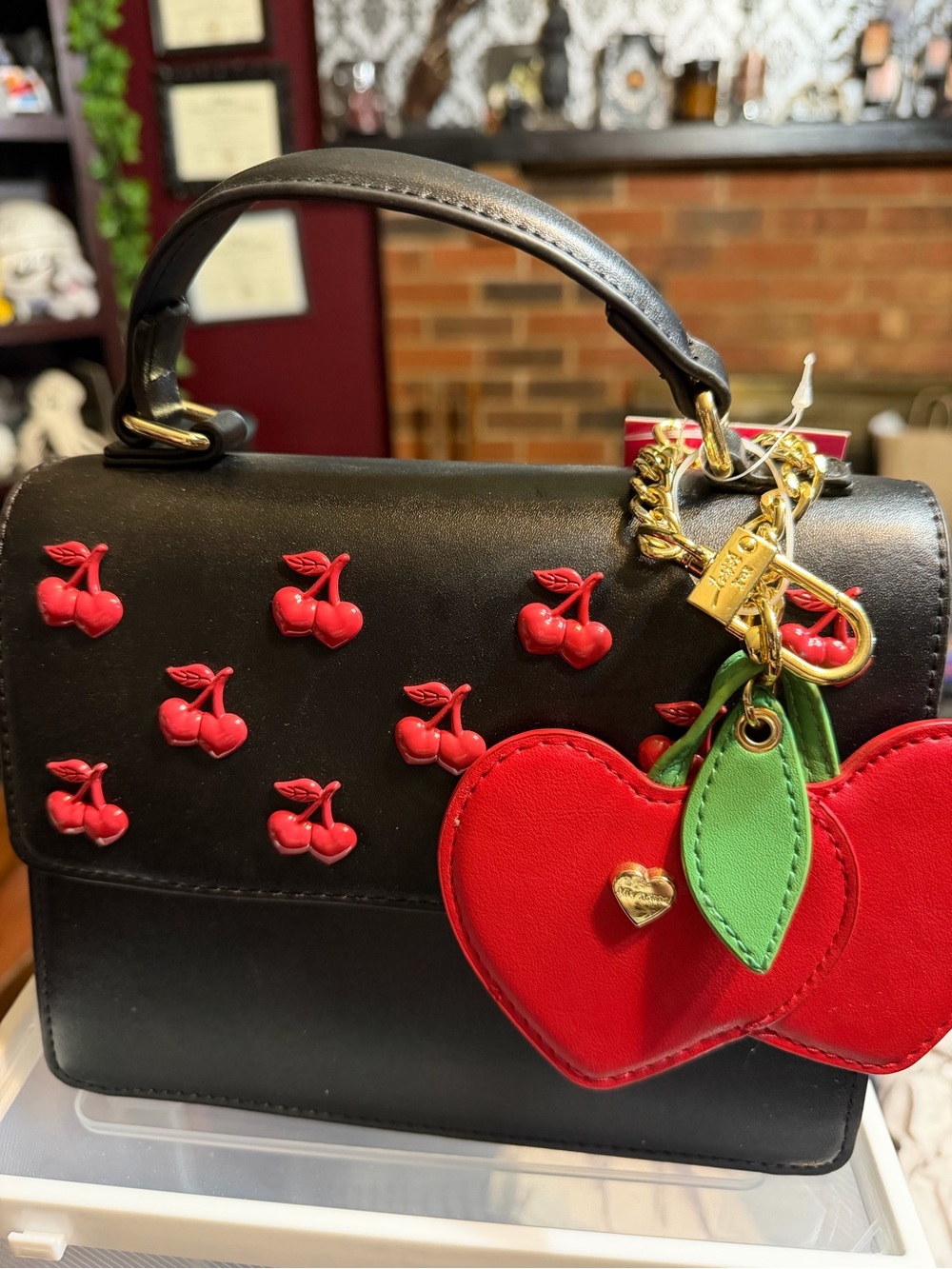 NWT Betsey Johnson Black Bag with Red Cherries includes Red/Green Cherry Charm